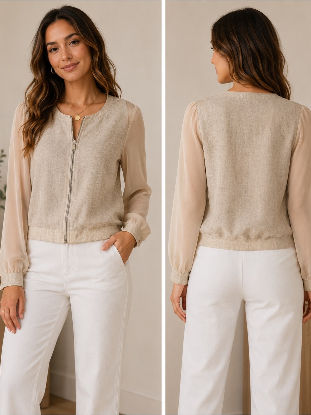 Karma Tan zipper jacket with sheer long sleeves, Elegant Versatile Design